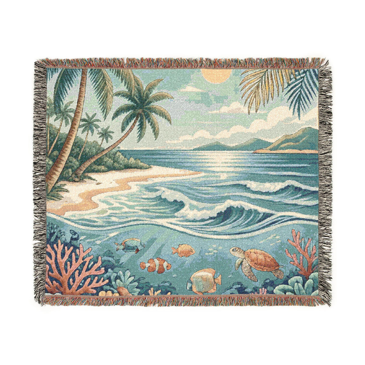 Tropical Beach Scene Woven Blanket | Ocean, Palm Trees, Coral Reef