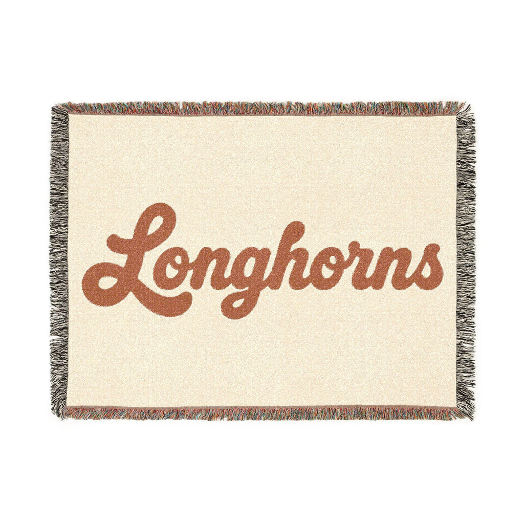 Longhorns script Woven Blanket | fringed throw, retro cowhide colors