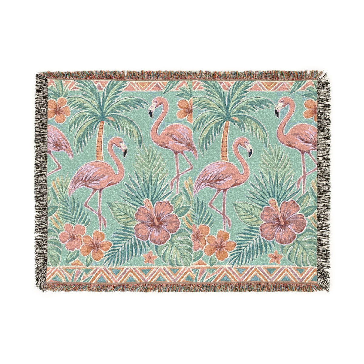 Tropical Flamingo Pattern Blanket | Woven Throw with Palm & Hibiscus