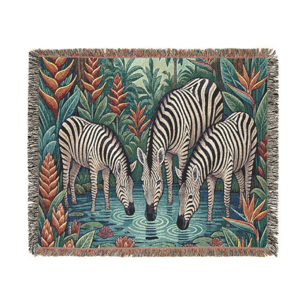 Zebra Trio Drinking Scene Woven Blanket | Tapestry Animal Throw