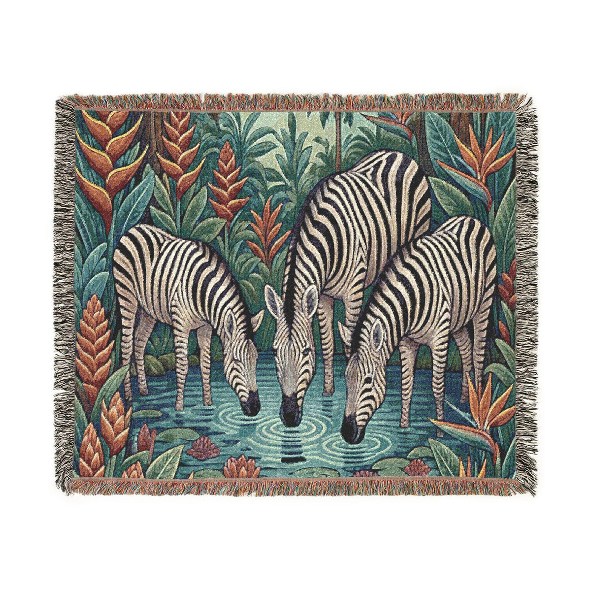 Zebra Trio Drinking Scene Woven Blanket | Tapestry Animal Throw