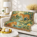 Tropical Leopard Scene Woven Blanket | Jungle Cat Tapestry Throw