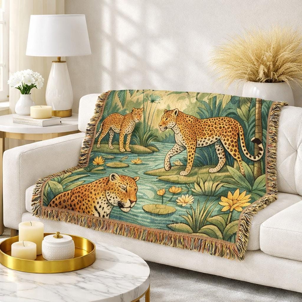 Tropical Leopard Scene Woven Blanket | Jungle Cat Tapestry Throw