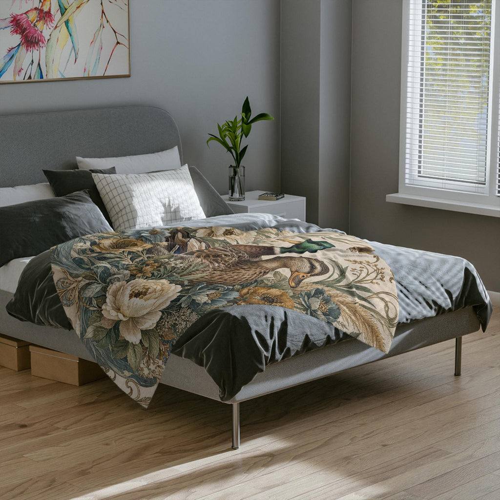 Mallard Duck Floral Illustration Velveteen Microfiber Blanket | Vintage Botanical