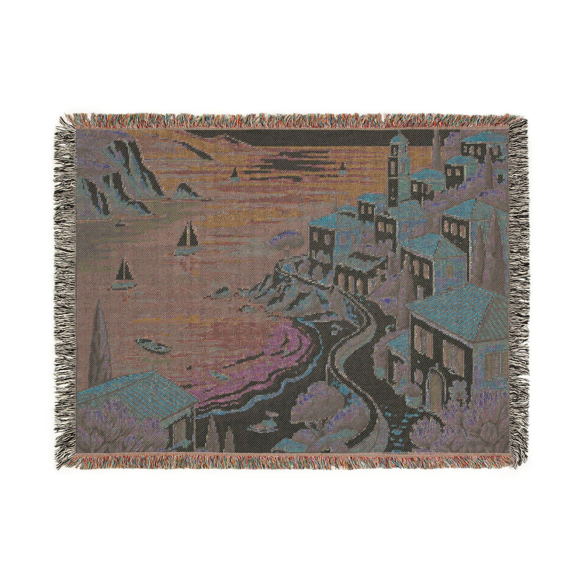 Mediterranean Coastal Village Woven Blanket | Seaside Tapestry Throw