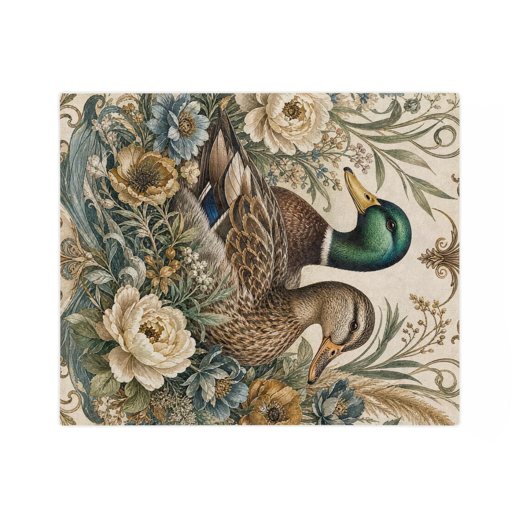 Mallard Duck Floral Illustration Velveteen Microfiber Blanket | Vintage Botanical