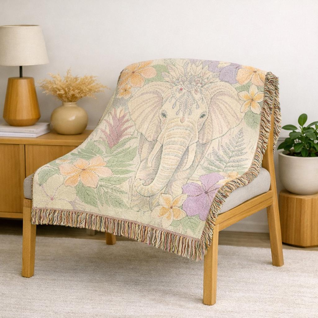 Floral Elephant Woven Blanket | Pastel Boho Jungle Throw
