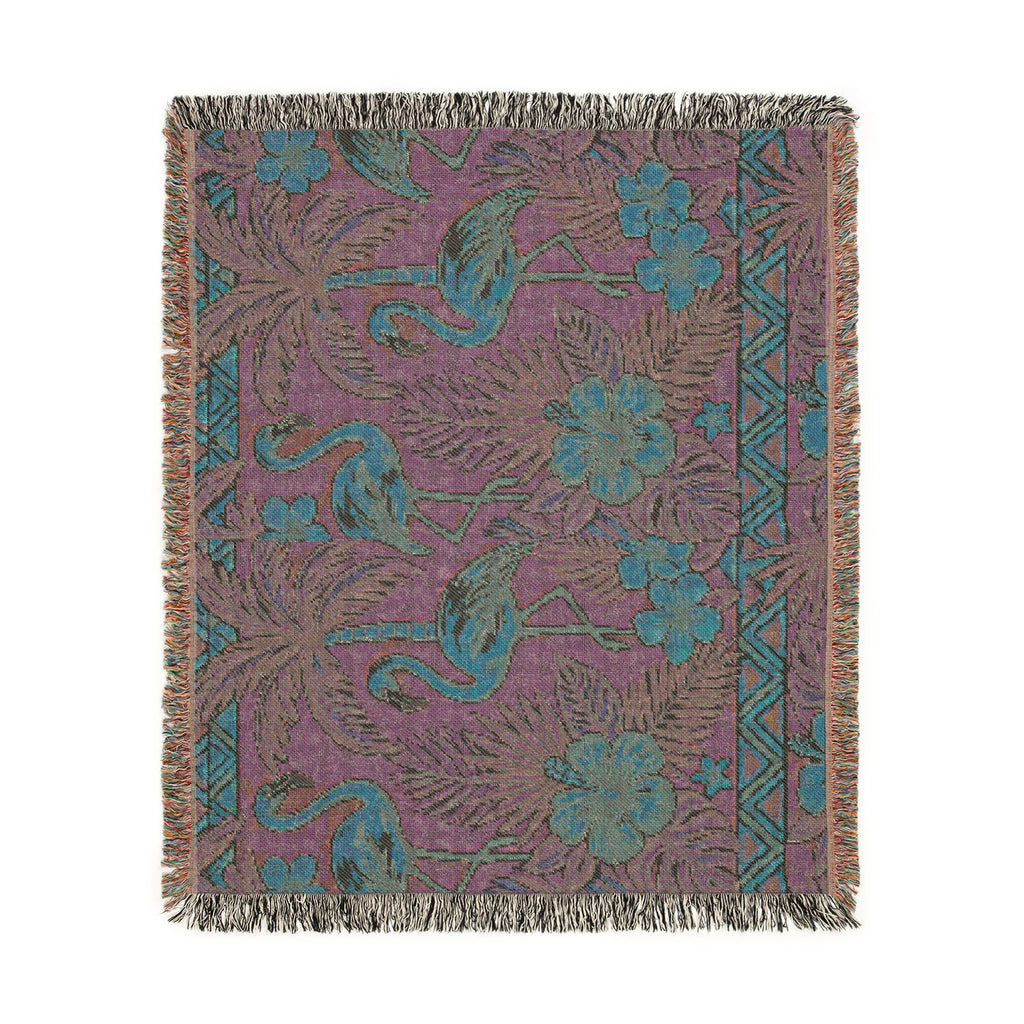Tropical Flamingo Pattern Blanket | Woven Throw with Palm & Hibiscus