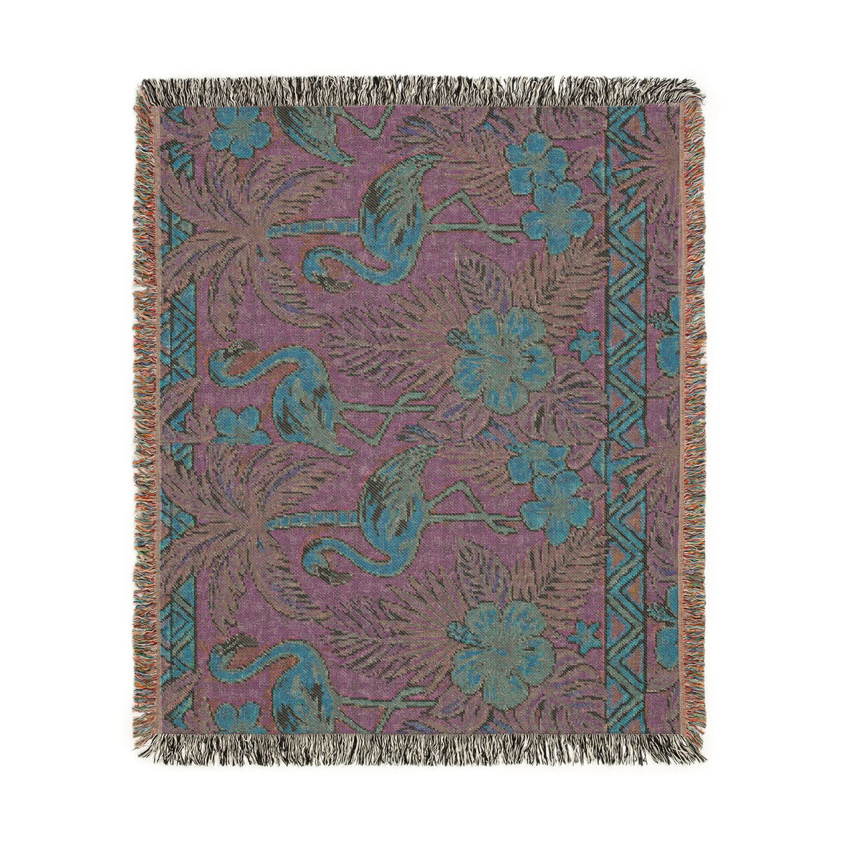 Tropical Flamingo Pattern Blanket | Woven Throw with Palm & Hibiscus