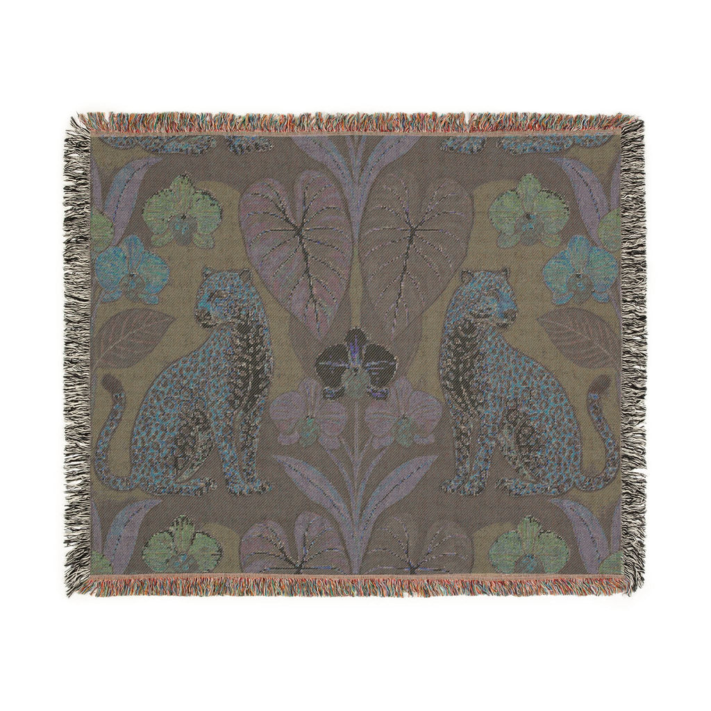 Leopard Botanical Woven Blanket | Tropical Leaves, Orchid Motif