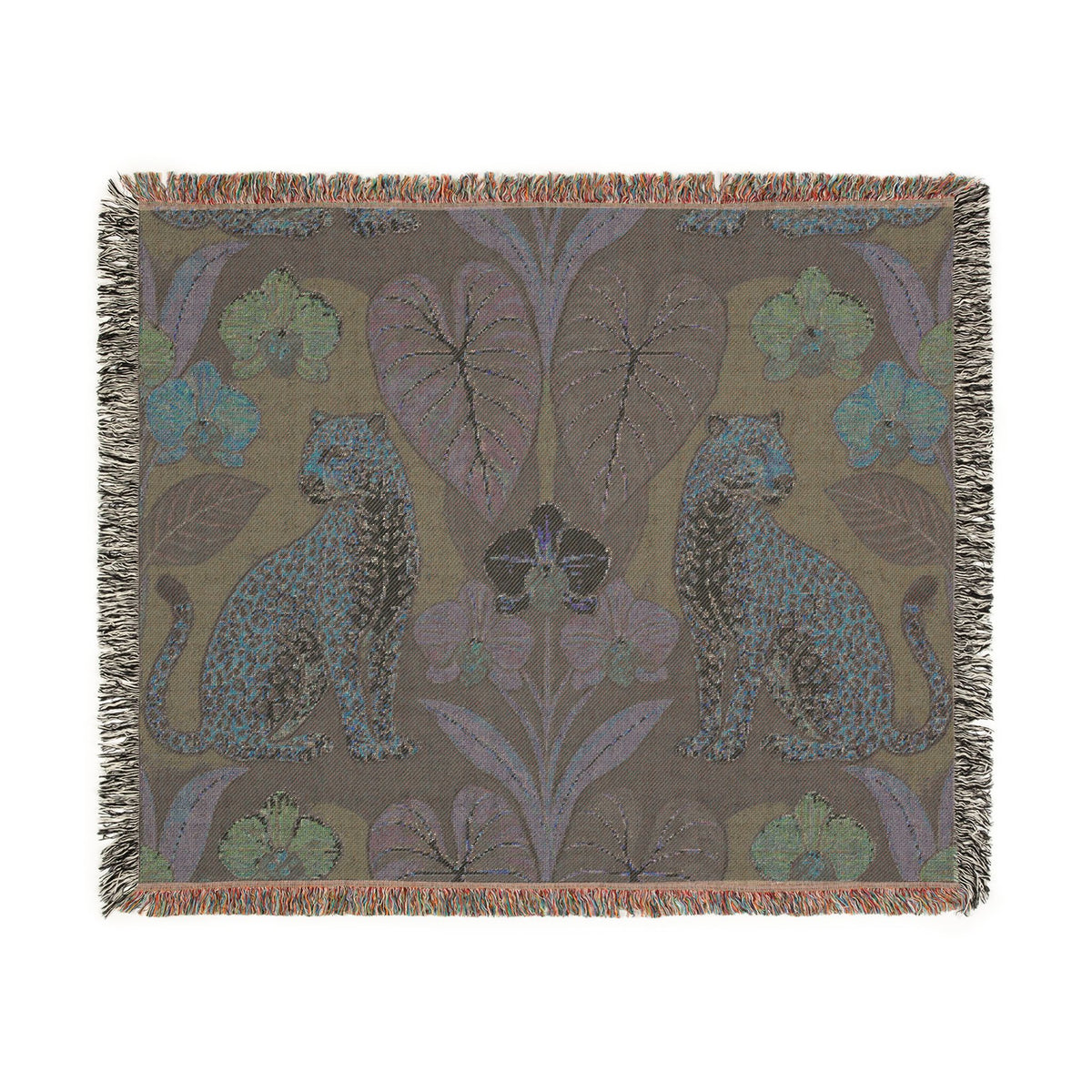 Leopard Botanical Woven Blanket | Tropical Leaves, Orchid Motif