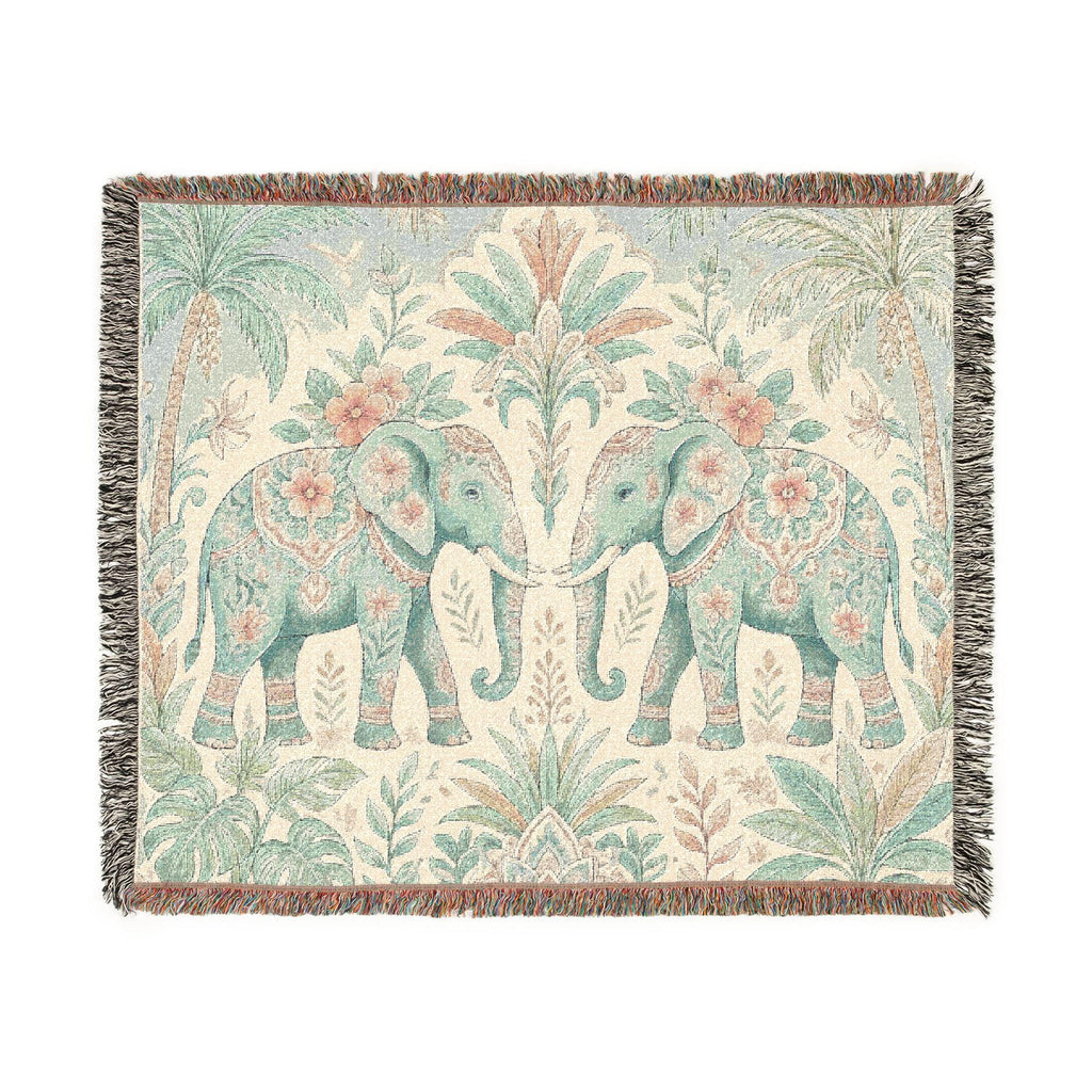 Boho Elephant Tapestry Woven Blanket | Palm Tree Floral Pattern