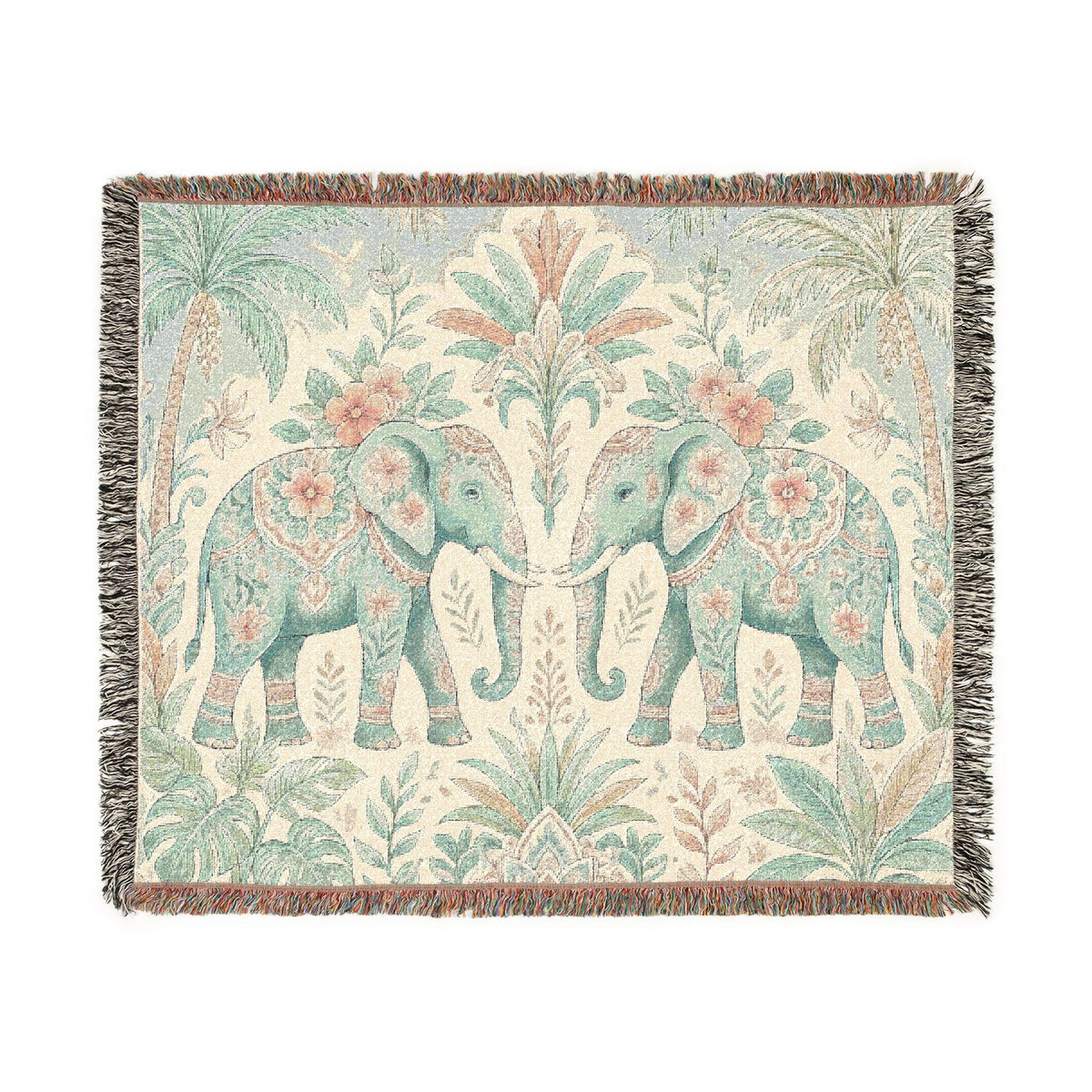 Boho Elephant Tapestry Woven Blanket | Palm Tree Floral Pattern