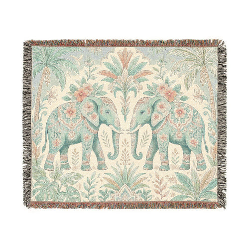 Boho Elephant Tapestry Woven Blanket | Palm Tree Floral Pattern