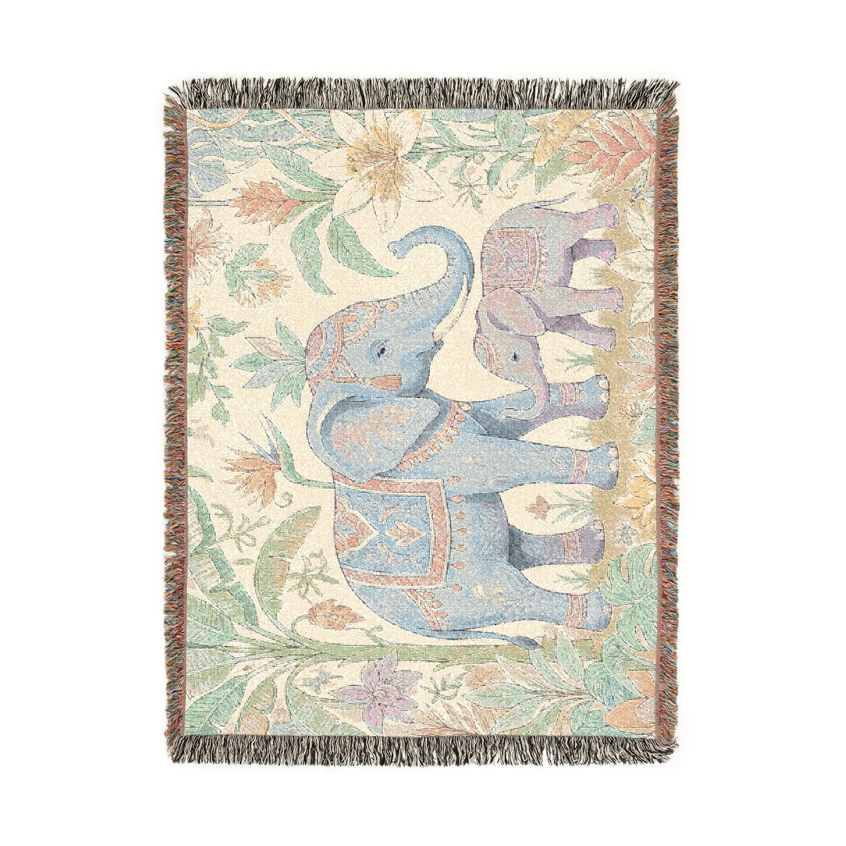Boho Elephant Family Woven Blanket | Tapestry Throw, Jungle Floral