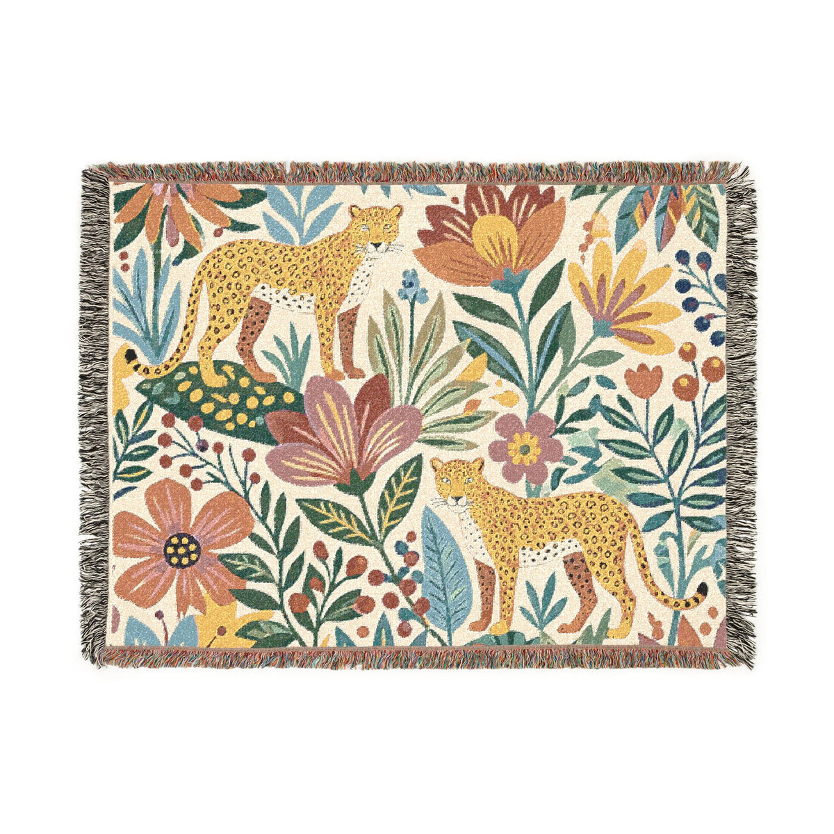 Floral Leopard Pattern Woven Blanket | Botanical Jungle Throw