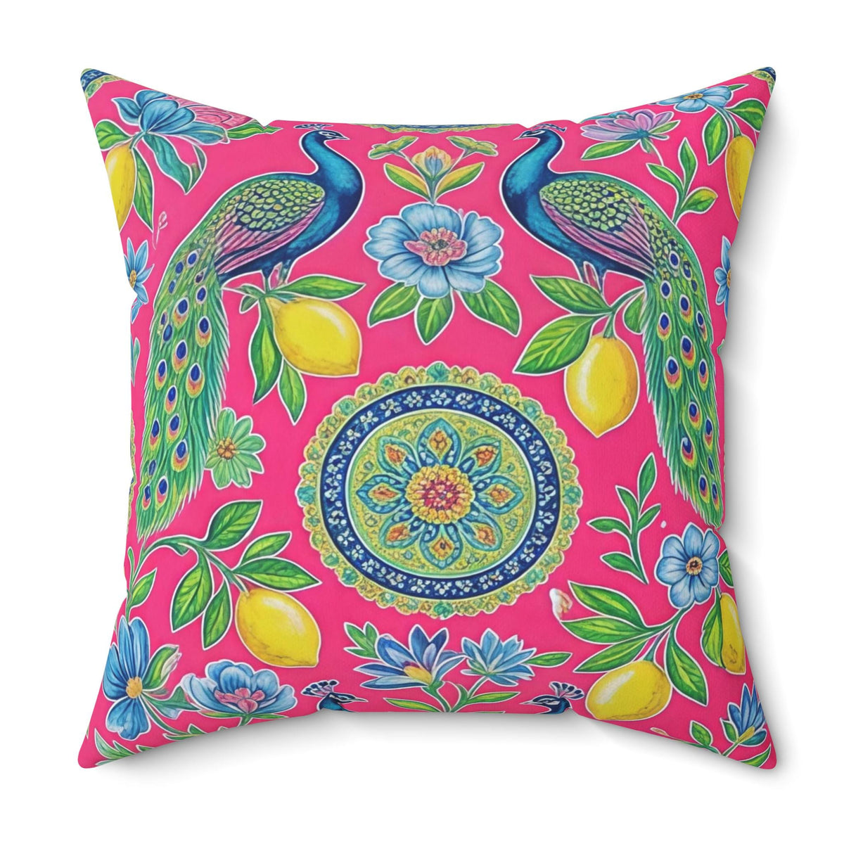 Peacock Lemon Floral Pillow | Bright Pink Decorative Throw Pillow