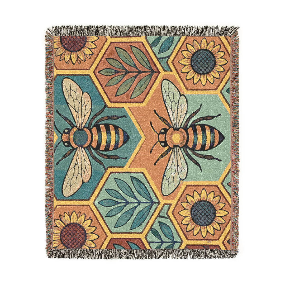 Bee and Sunflower Hexagon Woven Blanket | Honeybee Tapestry Throw
