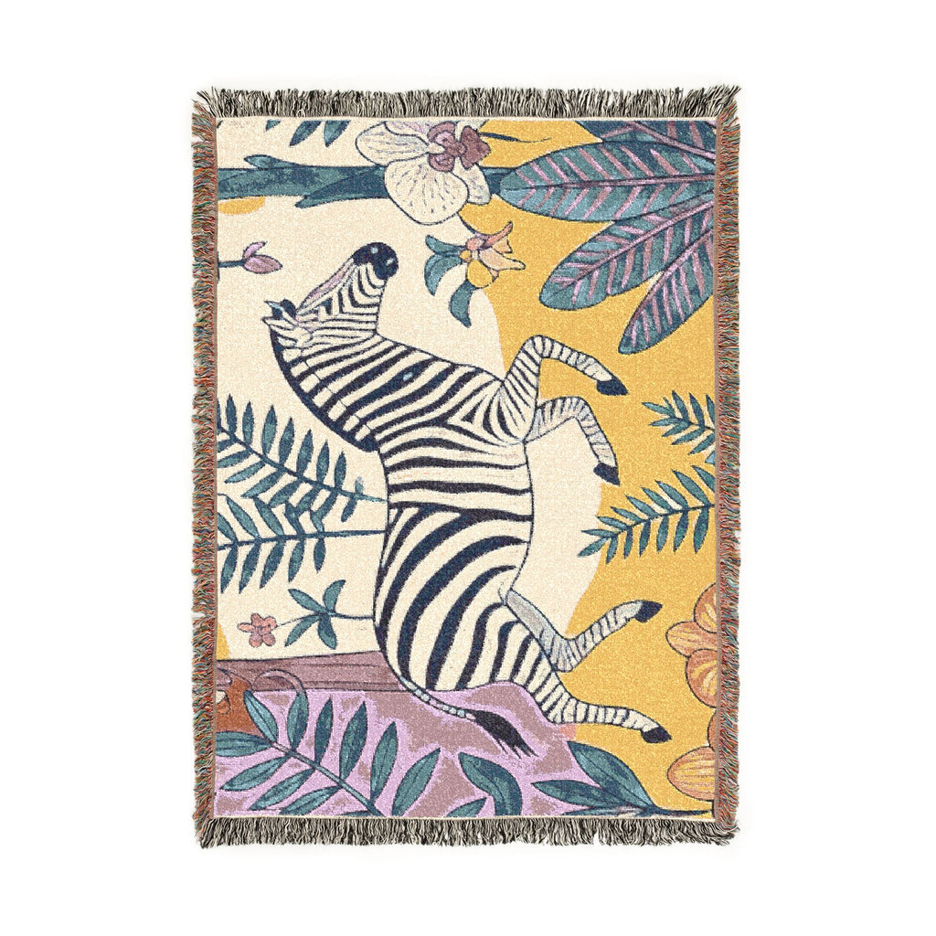 Zebra Jungle Illustration Woven Blanket | Botanical Animal Throw