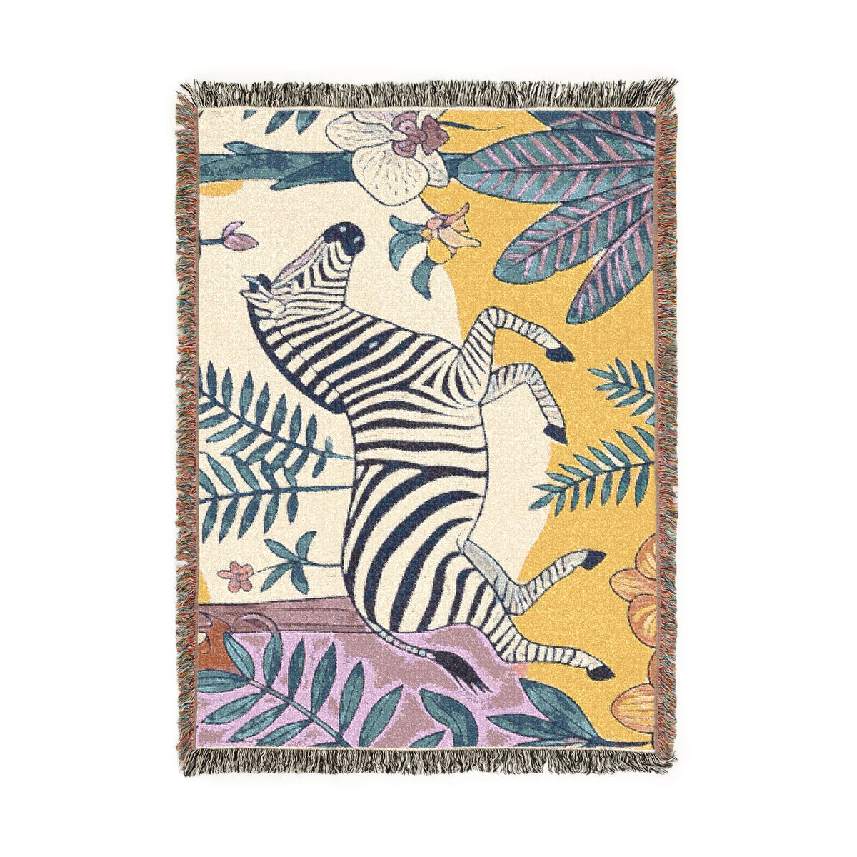 Zebra Jungle Illustration Woven Blanket | Botanical Animal Throw