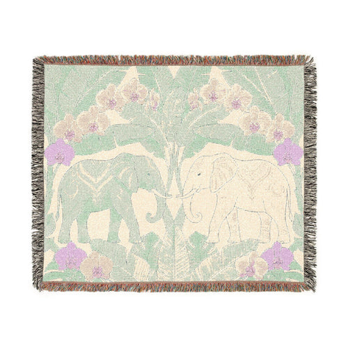Art Nouveau Elephant Pattern Woven Blanket | Floral Tapestry Throw