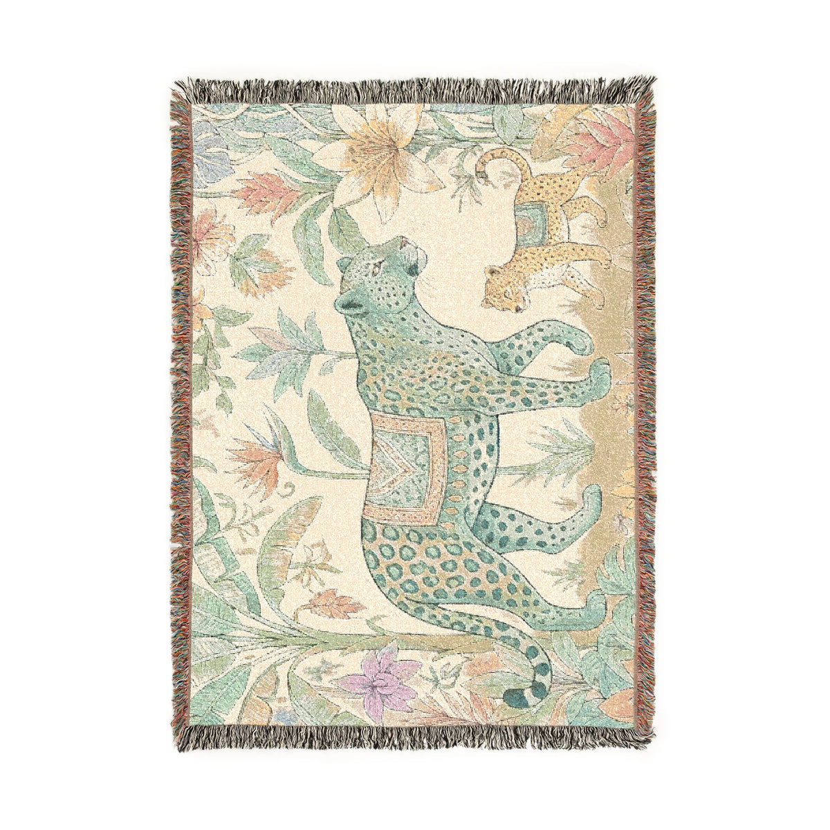Leopard & Cub Floral Tapestry Woven Blanket | Boho Jungle Animal Throw