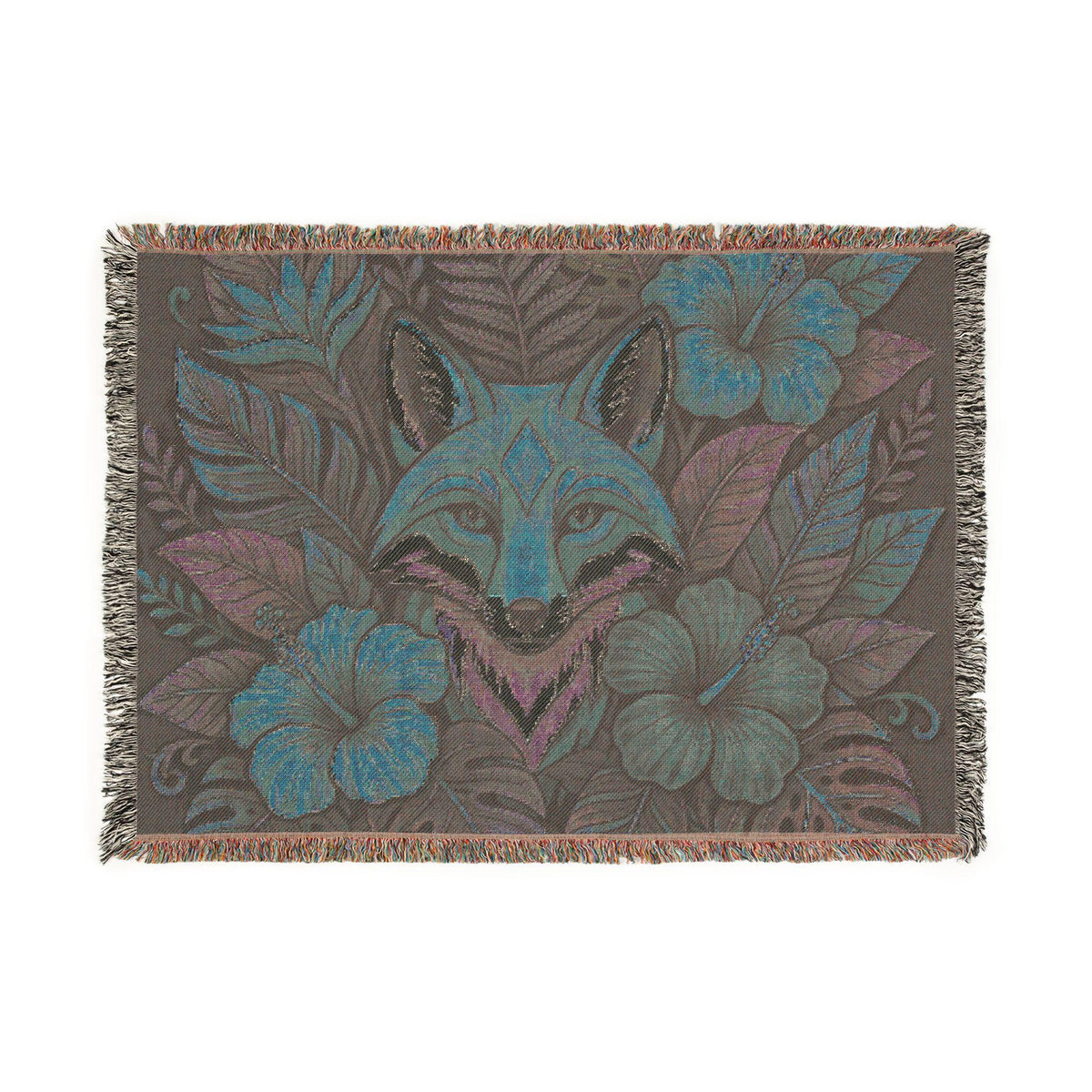 Floral Fox Woven Blanket | Fox Face Tapestry Throw, Botanical Woodland Decor