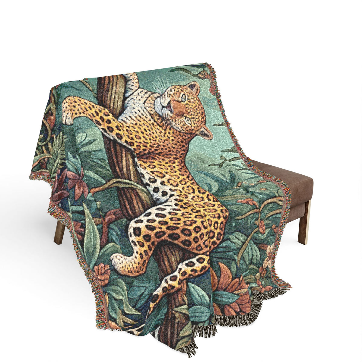 Leopard in Tropical Jungle Woven Blanket | Tapestry Throw with Fringe