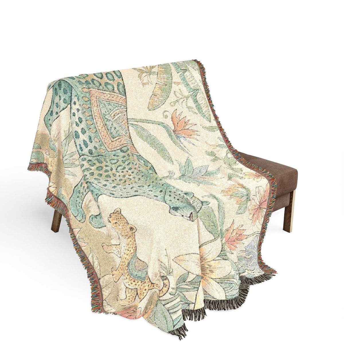 Leopard & Cub Floral Tapestry Woven Blanket | Boho Jungle Animal Throw