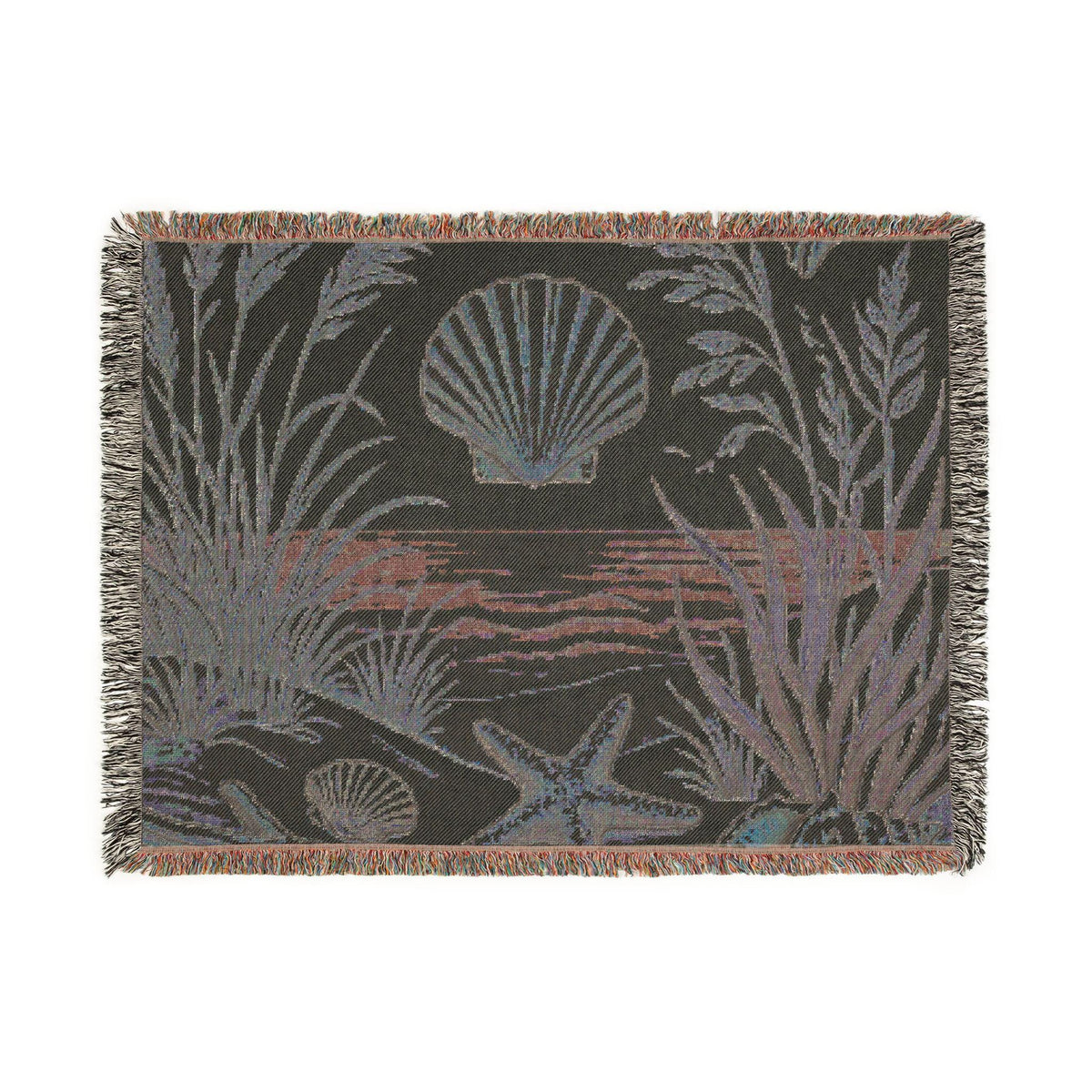 Seashell Beach Scene Woven Blanket | Coastal Ocean Tapestry Throw