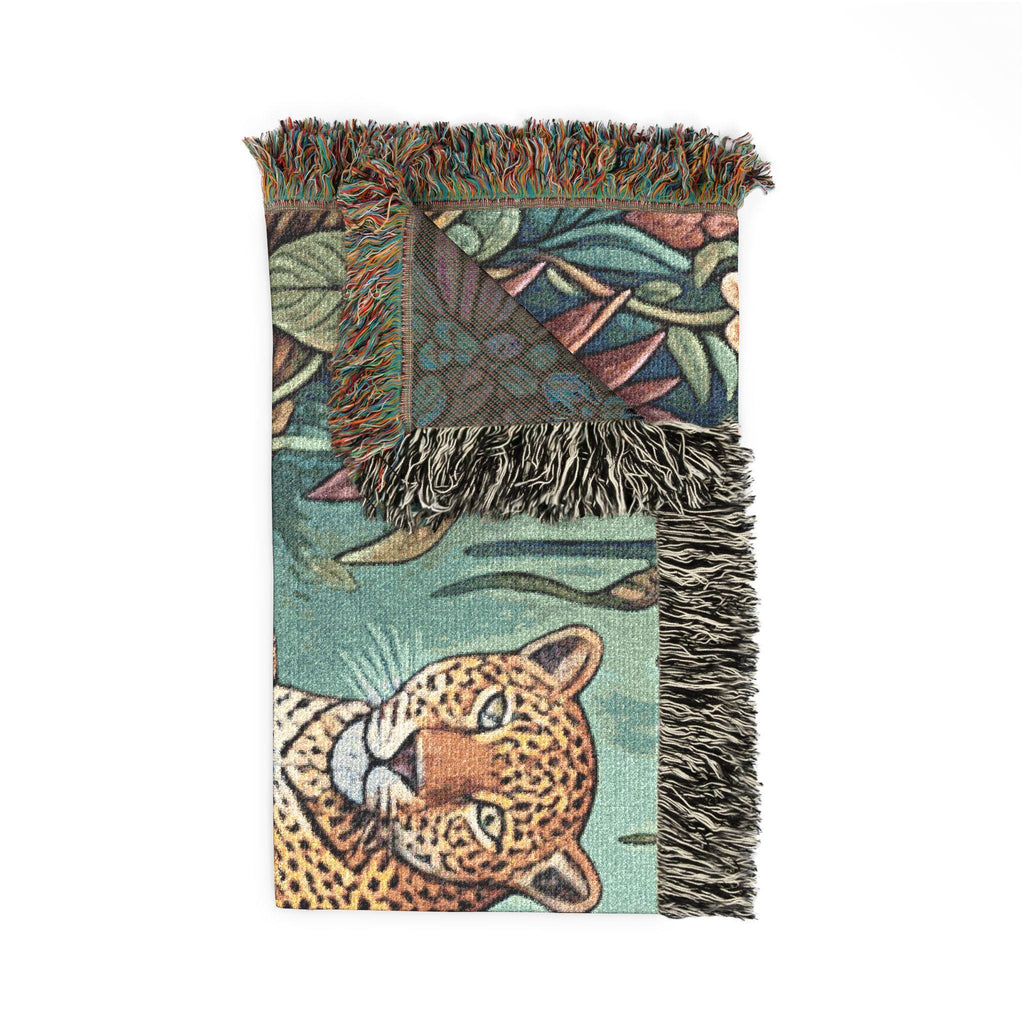 Leopard in Tropical Jungle Woven Blanket | Tapestry Throw with Fringe