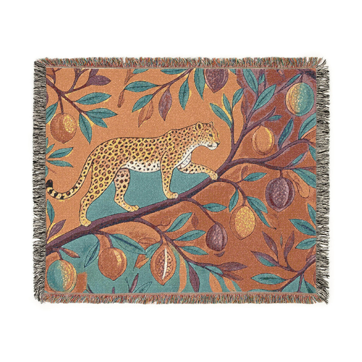 Leopard on Fruit Tree Woven Blanket | Botanical Jungle Throw