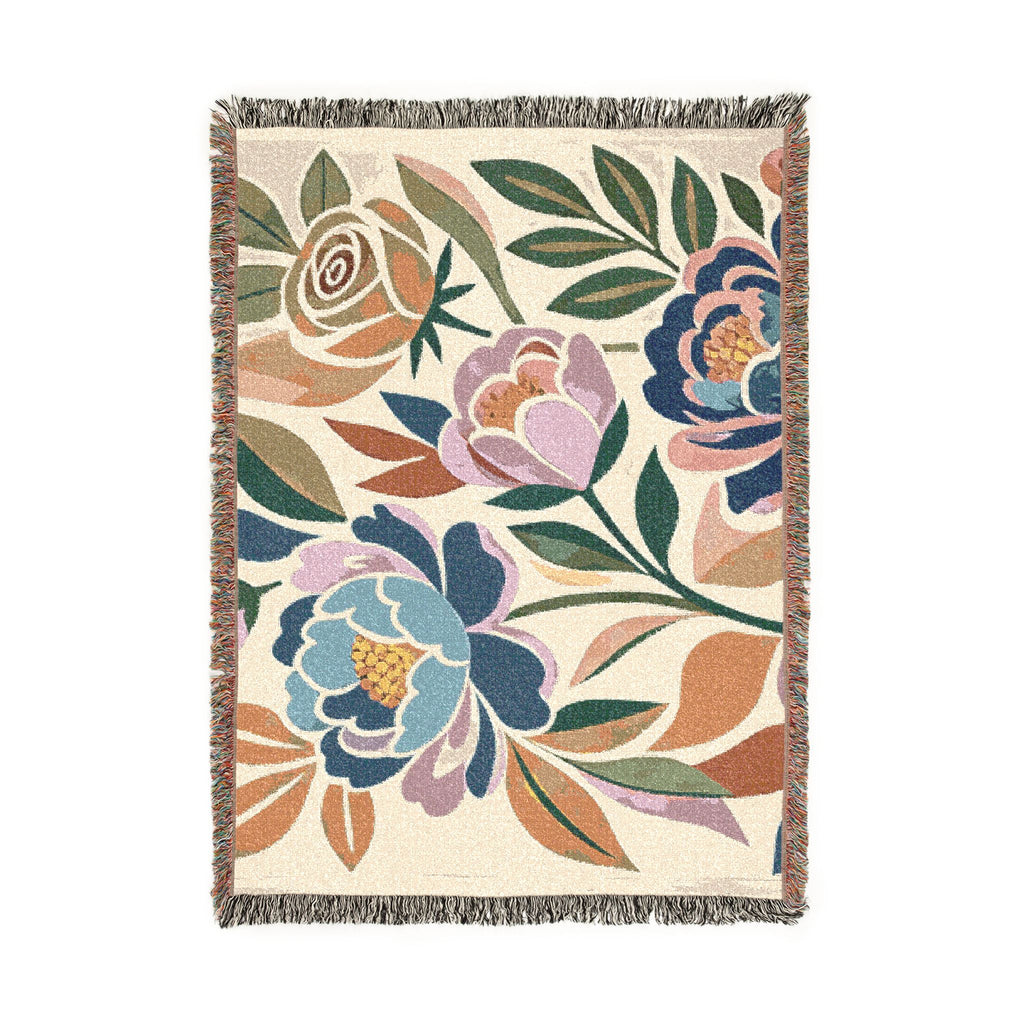 Floral Peony Tapestry Woven Blanket | Boho Floral Throw