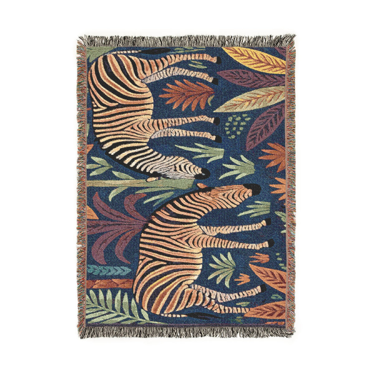 Striped Zebra Jungle Woven Blanket | Animal Print Throw, Botanical Motif