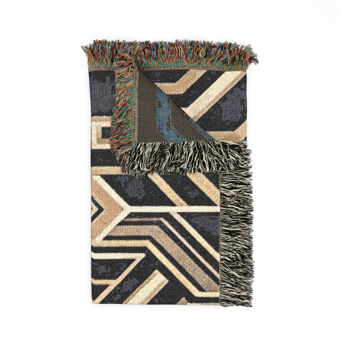 Art Deco Geometric Pattern Woven Blanket | Gold Navy Throw
