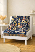 Nautical Lighthouse Sailboat Woven Blanket | Coastal Ocean Throw