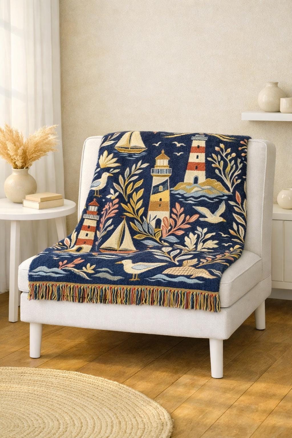 Nautical Lighthouse Sailboat Woven Blanket | Coastal Ocean Throw