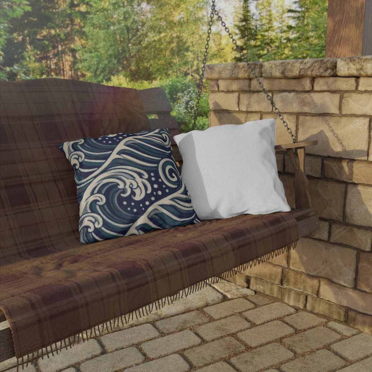 Navy Ocean Waves Outdoor Pillow | Coastal Wave Pattern Throw Pillow