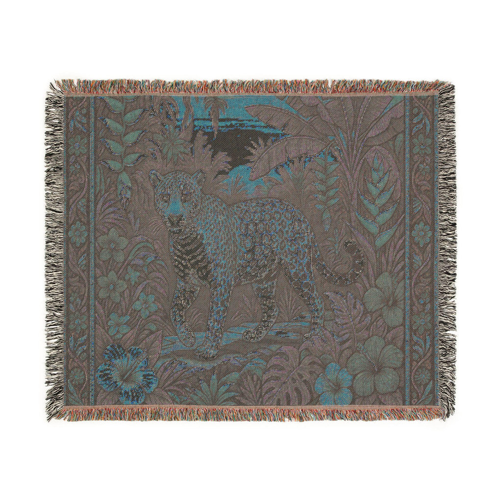 Jungle Leopard Woven Blanket | Tropical Floral Tapestry Throw