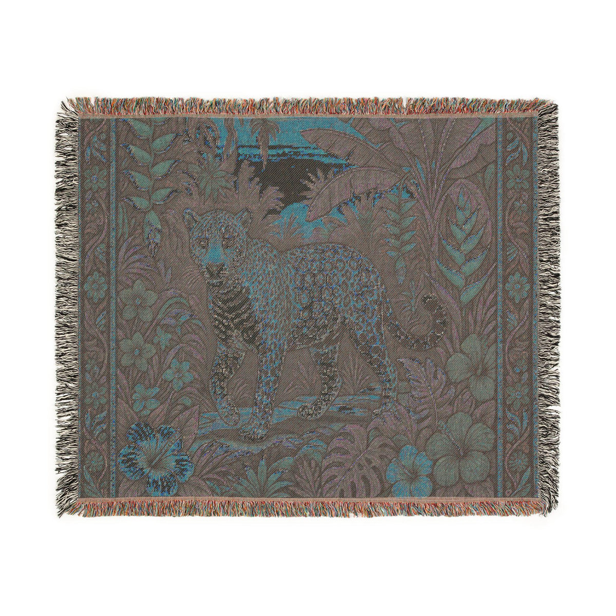 Jungle Leopard Woven Blanket | Tropical Floral Tapestry Throw