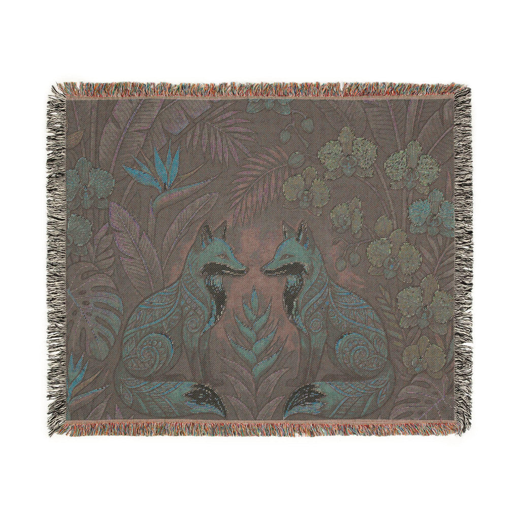 Folk Foxes Woven Blanket | Botanical Tapestry Throw, Floral Woodland Decor