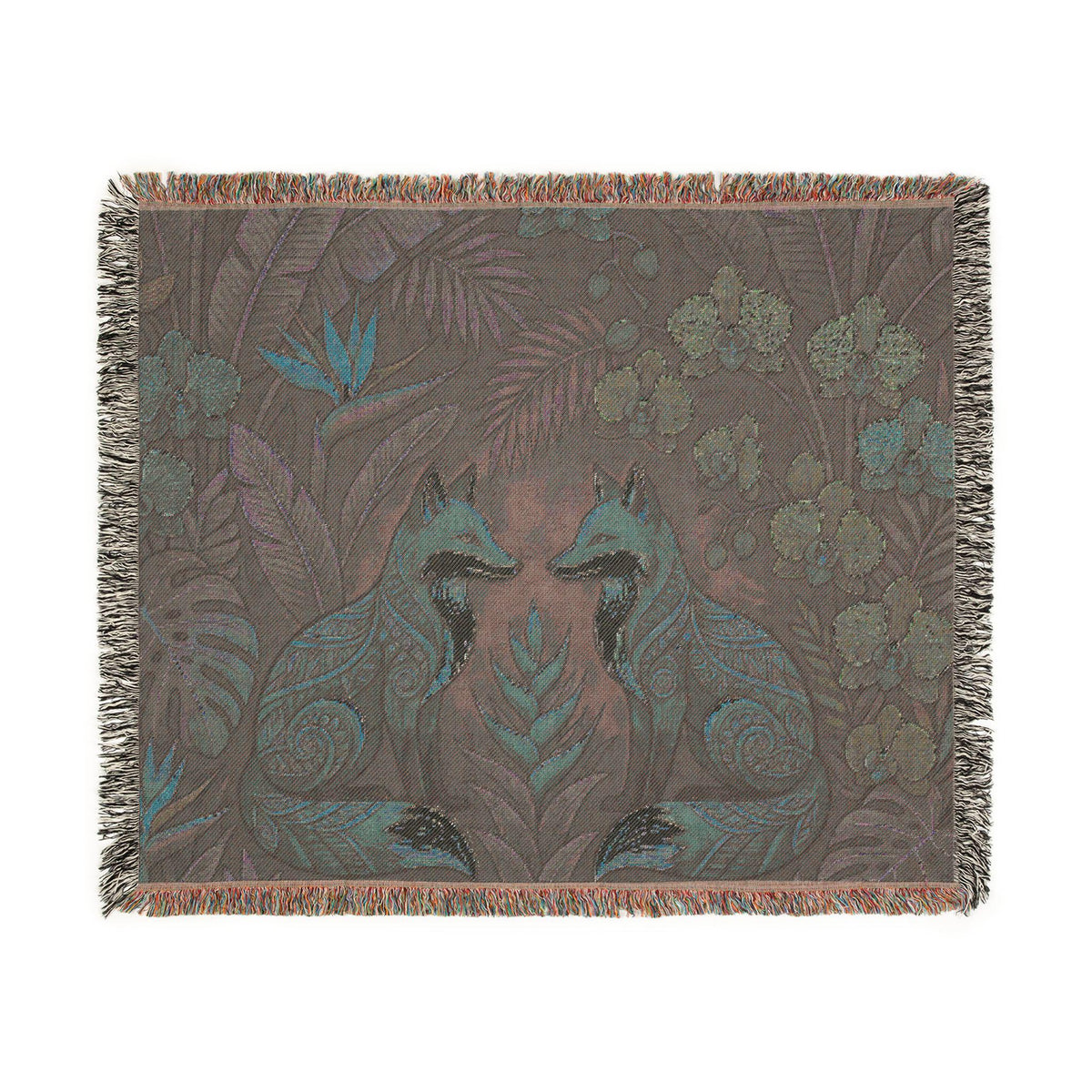 Folk Foxes Woven Blanket | Botanical Tapestry Throw, Floral Woodland Decor