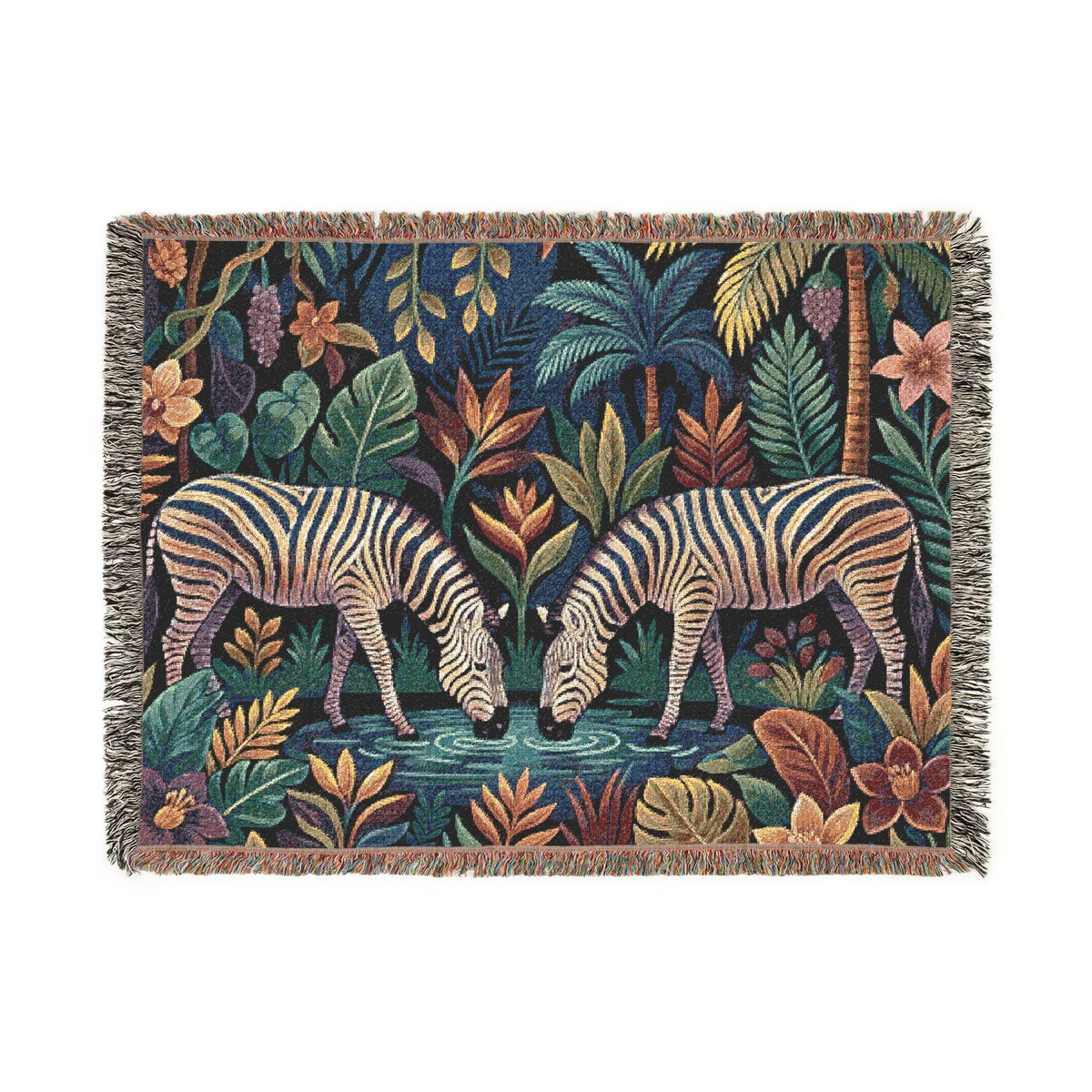Zebra Jungle Scene Woven Blanket | Tropical Animal Tapestry Throw