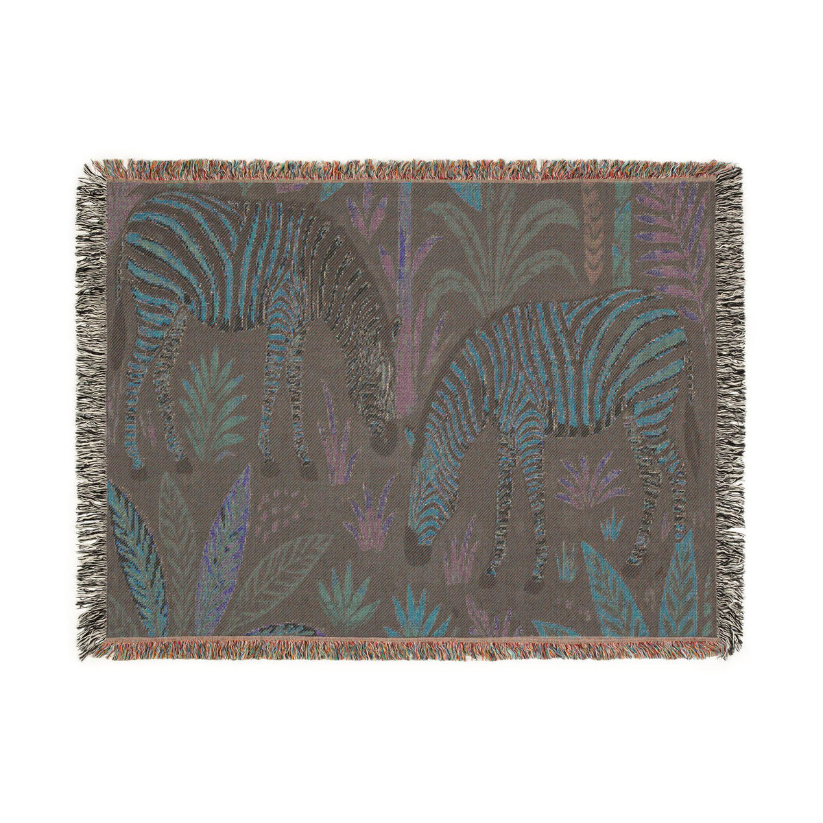 Striped Zebra Jungle Woven Blanket | Animal Print Throw, Botanical Motif