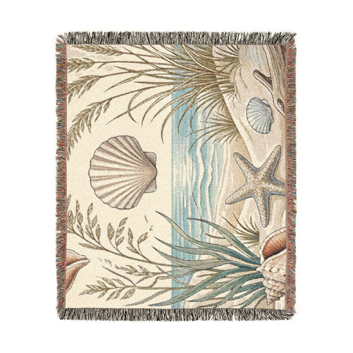 Seashell Beach Scene Woven Blanket | Coastal Ocean Tapestry Throw
