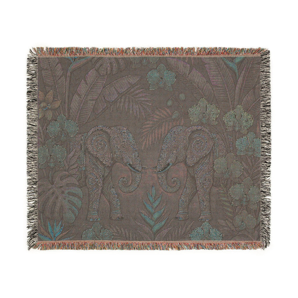 Tropical Elephant Tapestry Blanket | Woven Fringe Throw, Jungle Floral Pattern