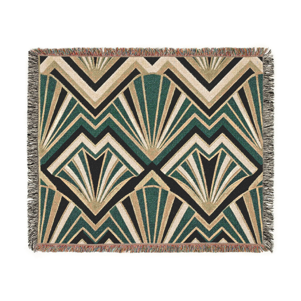 Art Deco Fan Pattern Woven Blanket | Geometric Throw, Retro Chevron Design