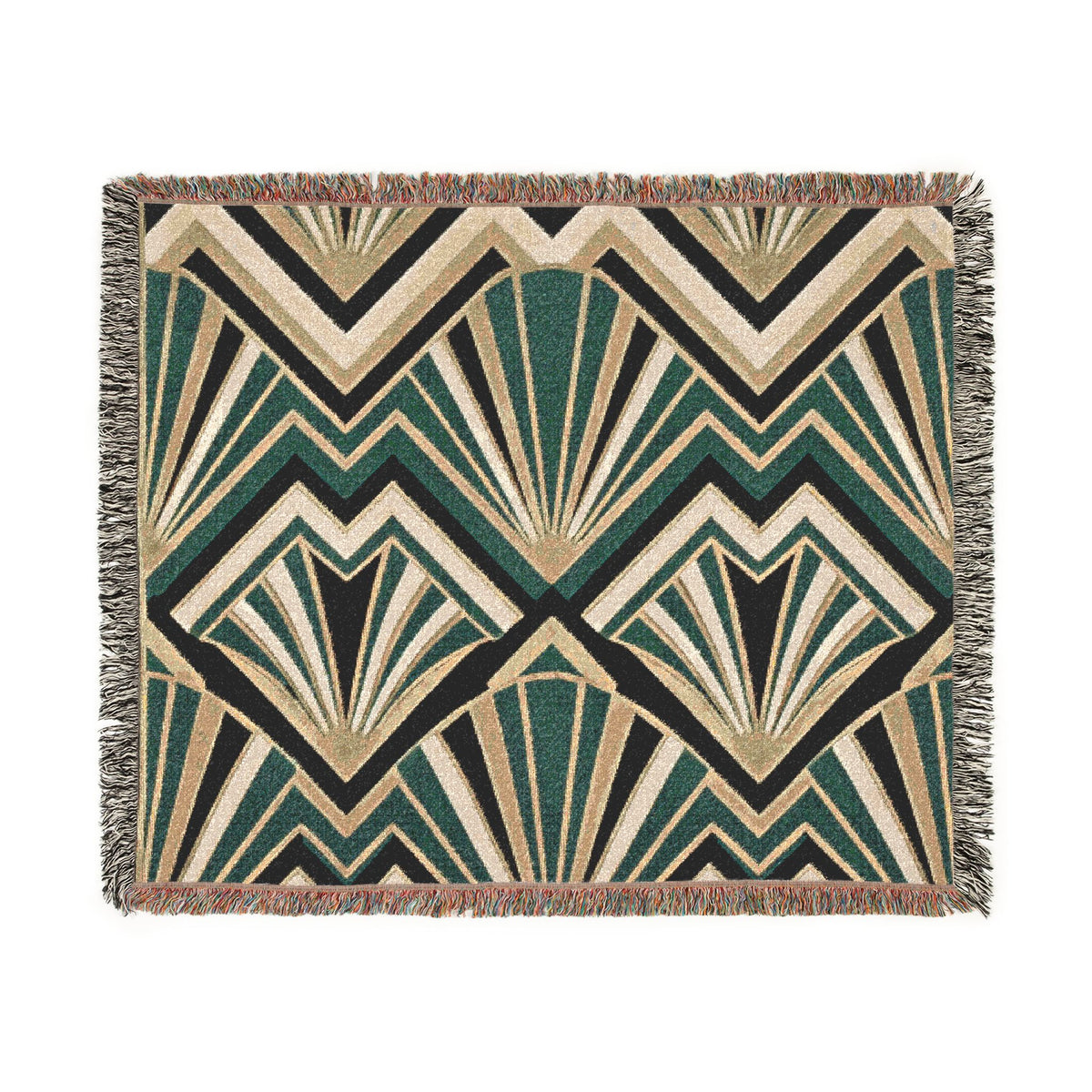 Art Deco Fan Pattern Woven Blanket | Geometric Throw, Retro Chevron Design