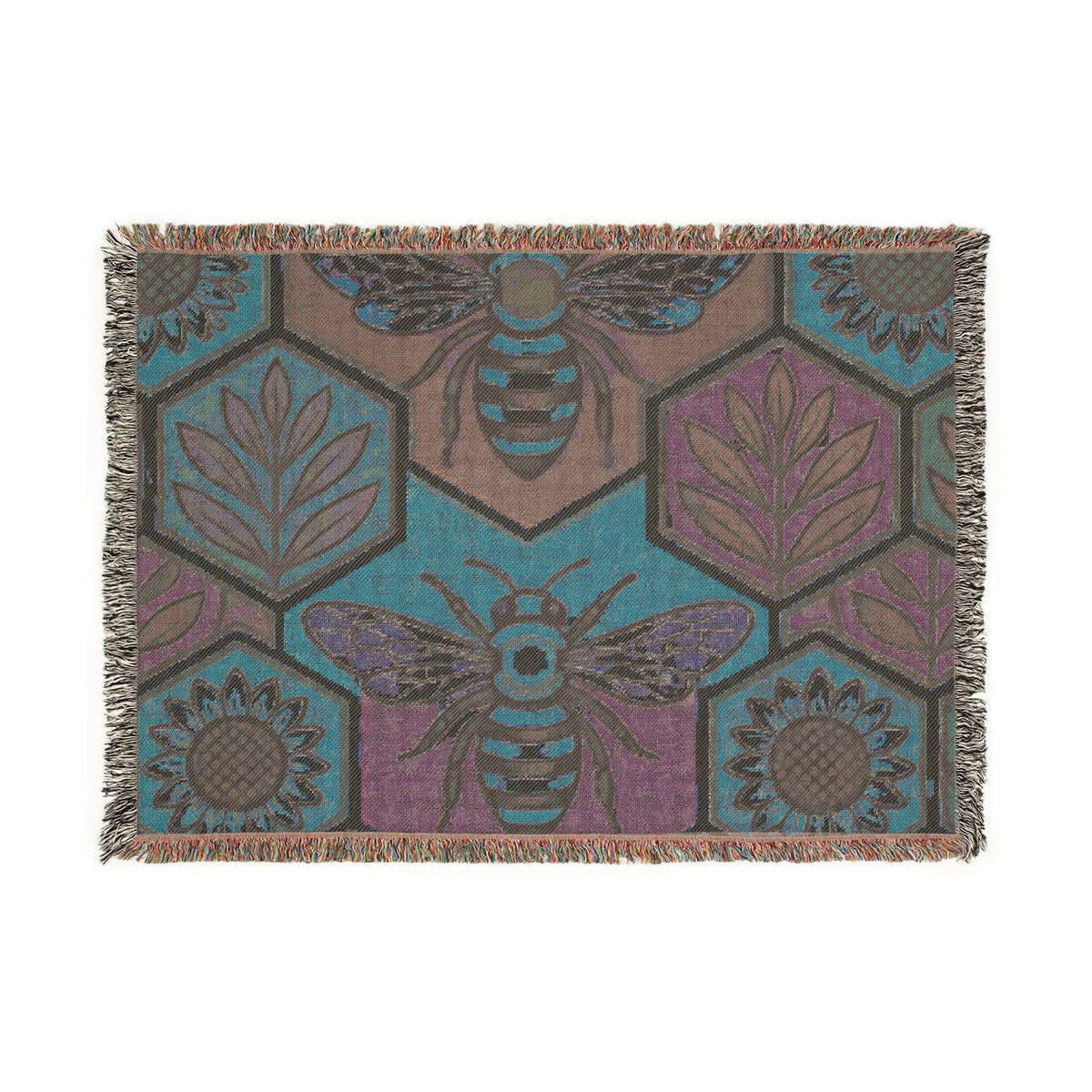 Bee and Sunflower Hexagon Woven Blanket | Honeybee Tapestry Throw
