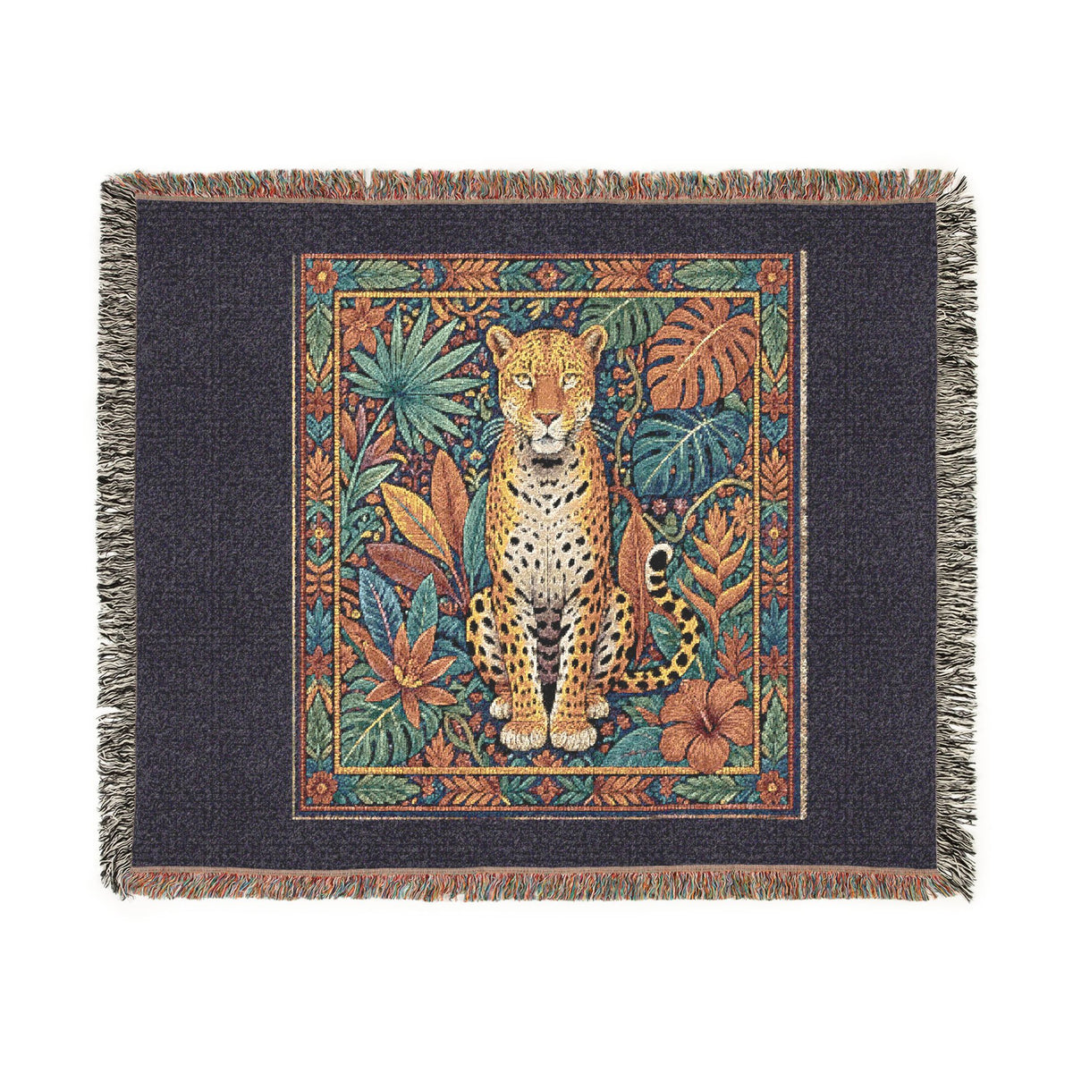 Vintage Mosaic Cheetah Woven Blanket | Jungle Leaves Tapestry Throw